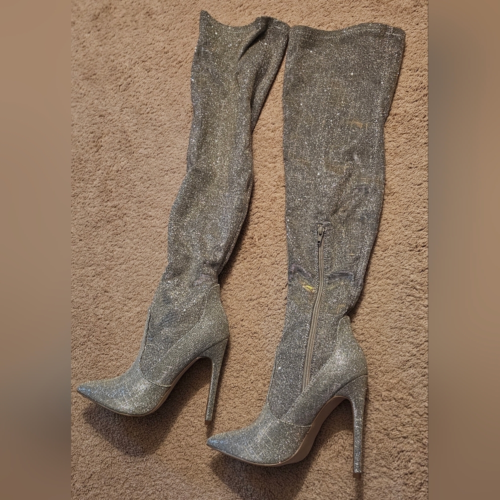 Shoe Dazzle thigh high gold/silver boots
